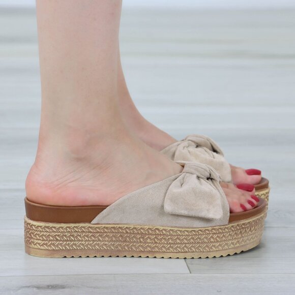 Suede Nude Bow Comfort Platform Sandal Slip On Sliders - Picture 3 of 14